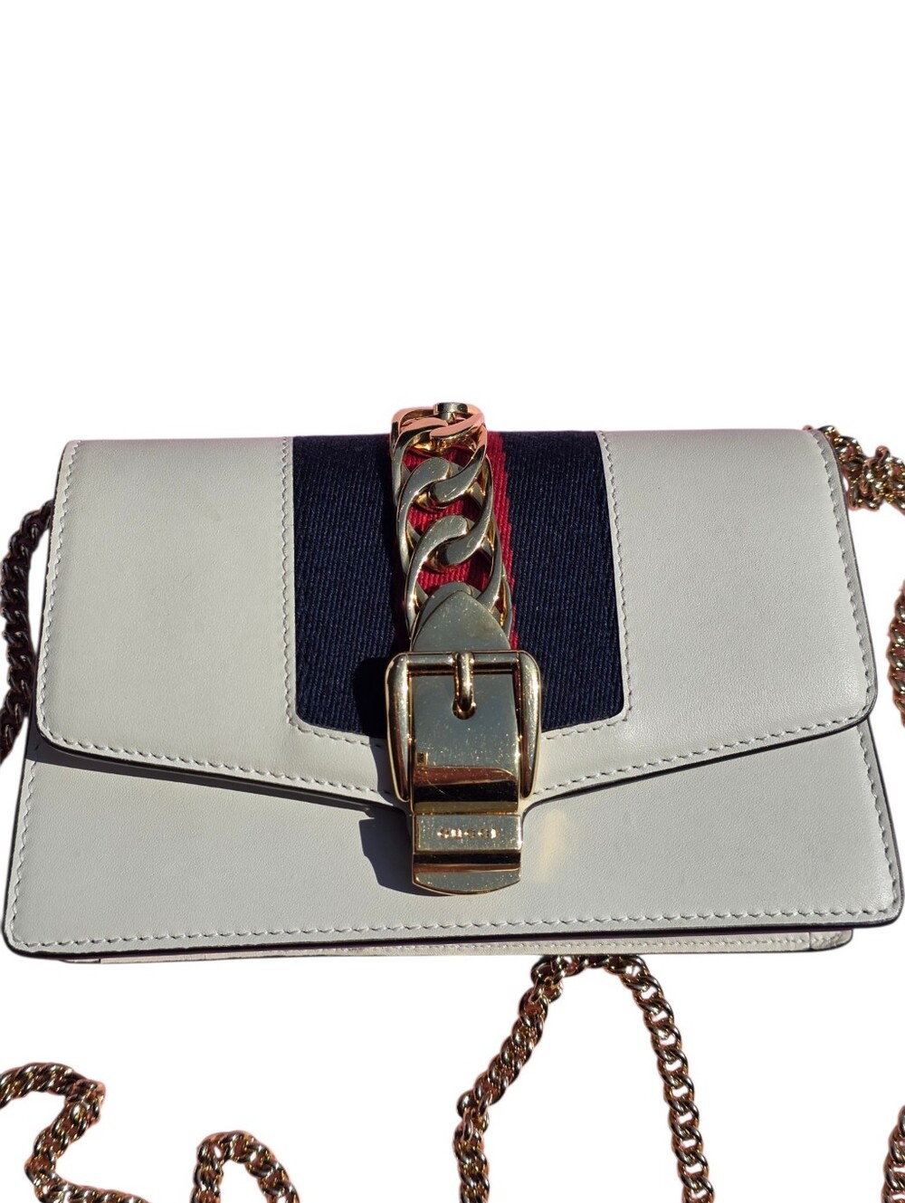 Authentic Gucci Sylvie Mini Chain Shoulder Bag – White Leather with Web Stripe